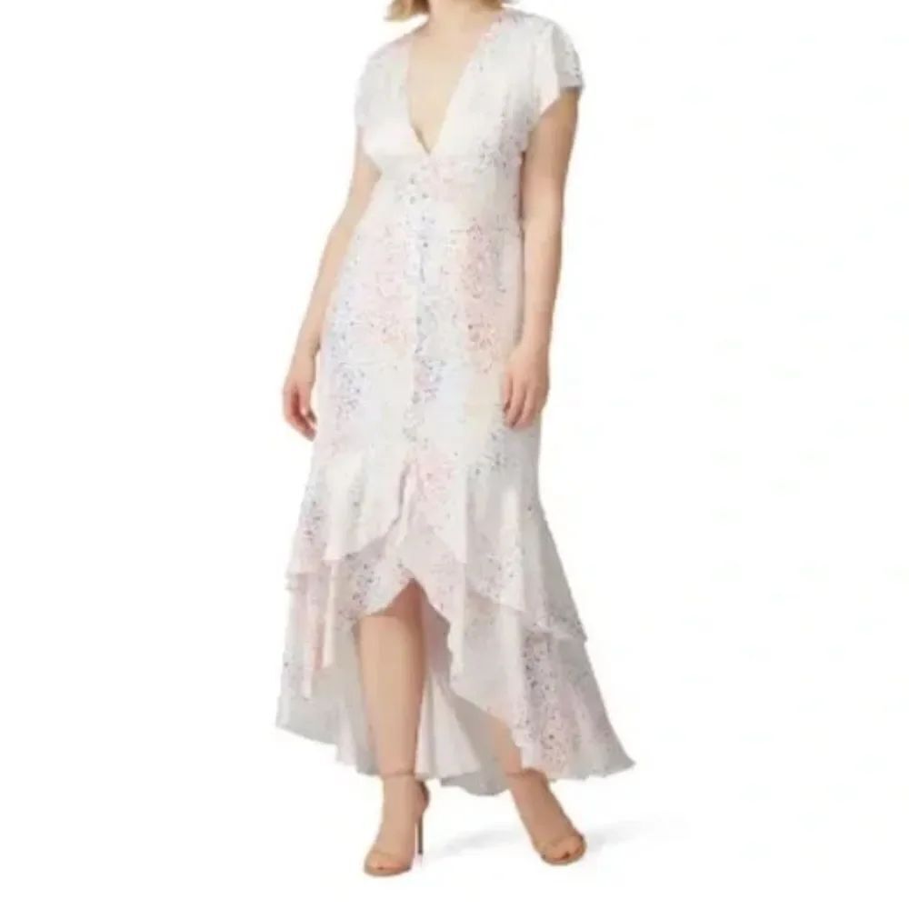 Anthropologie Hutch rainbow heart high lo maxi satin front button v neck dress